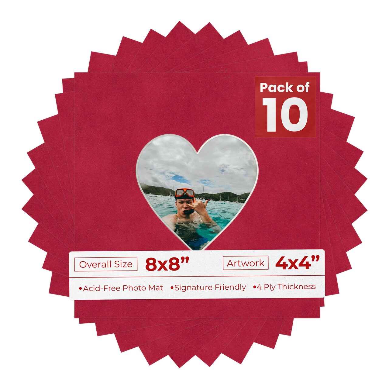 Red Suede Mat Board for 8x8 Frames - Heart Opening for 4x4 Photos